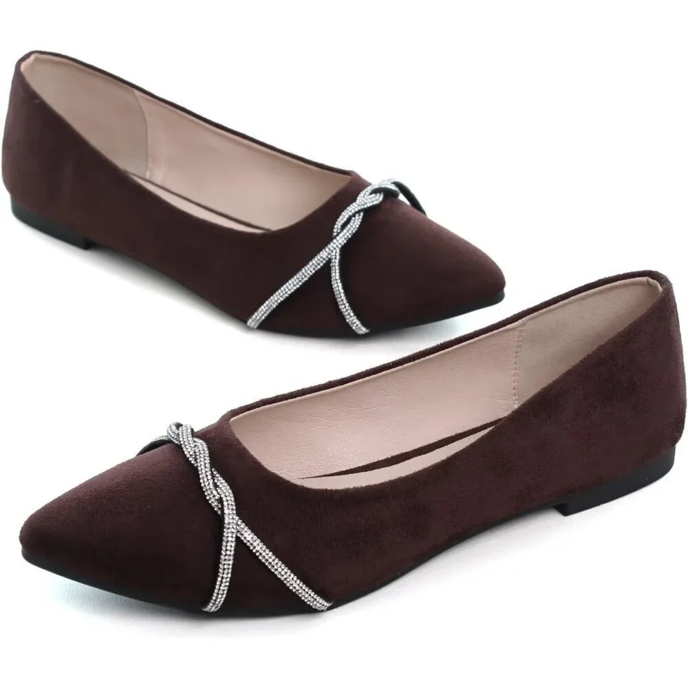 Women's Brown Rhinestone Casual Flats Fashion Chain Pointed Toe Ballet Flat